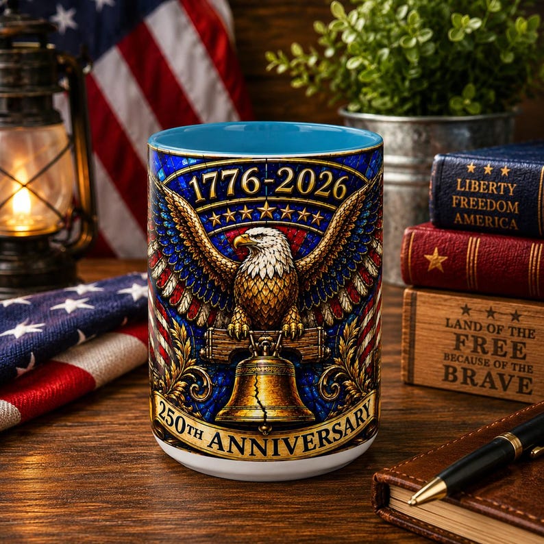 1776-2026 America 250th Anniversary Mug, We The People Patriotic Mug, USA Coffee Cup, Black Dad Gift, Stained Glass Effect 15oz Mug Light Blue Accent
