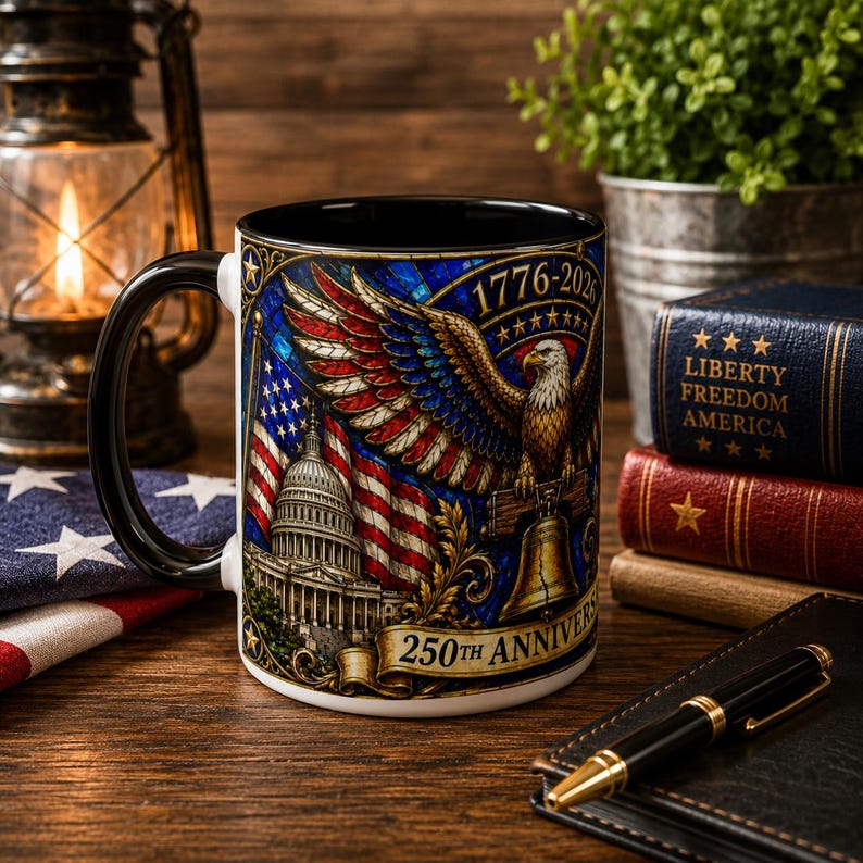1776-2026 America 250th Anniversary Mug, We The People Patriotic Mug, USA Coffee Cup, Black Dad Gift, Stained Glass Effect 15oz Mug Black Accent