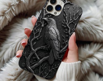 Embossed Metal Effect Raven Phone Case, Dark Gothic Tarot Cover