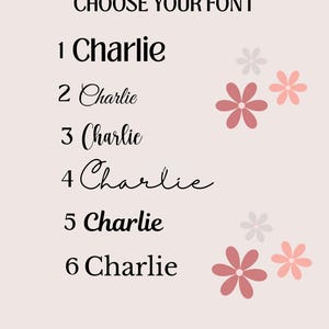 May include: A font selection chart titled CHOOSE YOUR FONT, displaying six numbered options of the name Charlie in different typefaces. The background is light pink and features small, simple pink and gray flower illustrations.