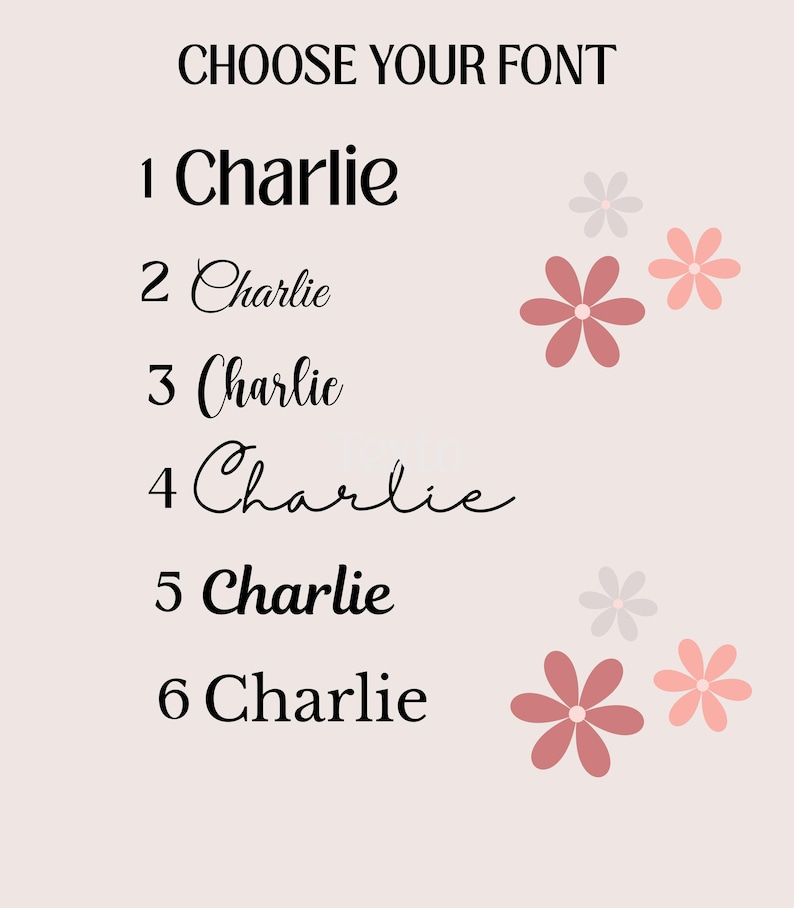 May include: A font selection chart titled CHOOSE YOUR FONT, displaying six numbered options of the name Charlie in different typefaces. The background is light pink and features small, simple pink and gray flower illustrations.