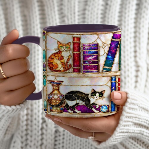 Taza de café con diseño de gatos y libros en vidrieras, regalo personalizado para amantes de los libros.