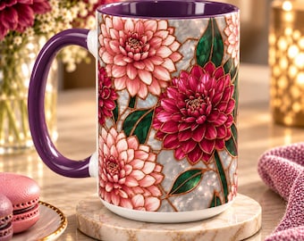 November Birth Flower Chrysanthemum Mug, Pink Stained Glass Coffee Cup, Elegant Pom-Pom Floral Mug