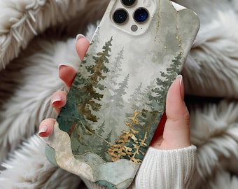 Coque iPhone motif vitrail de pins, paysage d'hiver enneigé, cadeau pour les amoureux de la nature