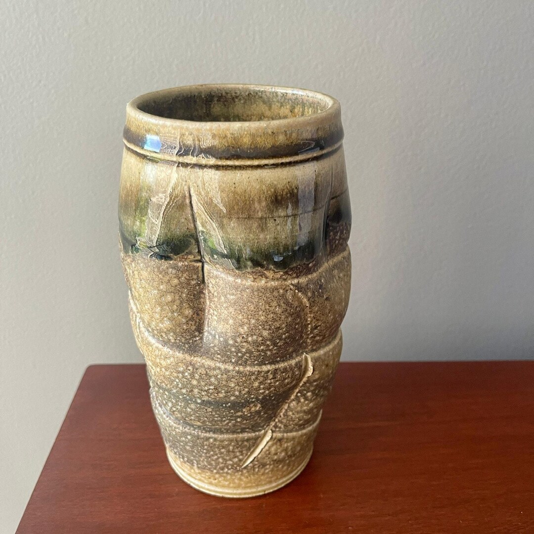 Studio Handmade Pottery Vase Mid Century Design With Brown Green Drip ...