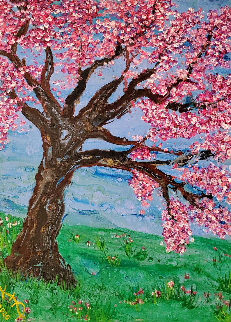 Cuadros De Flores De Cerezo Cerezo Flor árbol acrílico y arte fluido pintura original por | Etsy