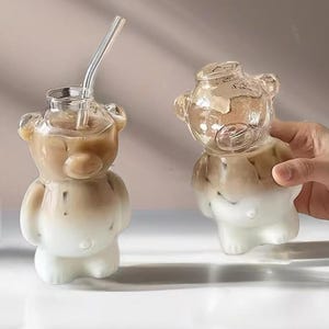 Taza de café con forma de oso de dibujos animados, linda taza de oso, taza de vidrio con pajita, vasos, taza, regalos de cumpleaños y Navidad para mujeres, niños y amigos