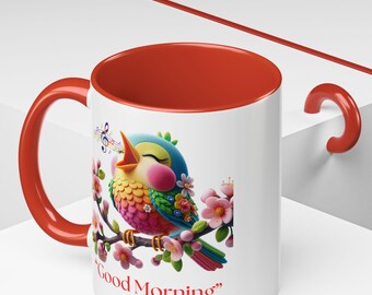 Taza de café con pájaro colorido, taza floral de buenos días, decoración de primavera