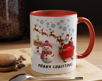 Taza de Papá Noel con trineo y muñeco de nieve / Taza de café navideña de 11 oz y 15 oz