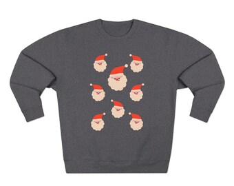Sudadera de cuello redondo con caras de Papá Noel / Bonito estampado repetitivo de Papá Noel, regalo navideño, ropa de invierno, jersey festivo, Navidad fea