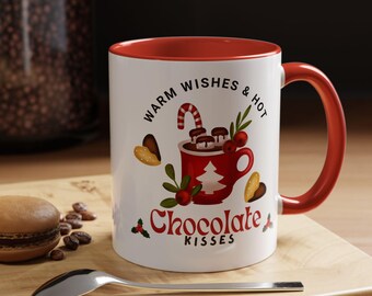 Taza navideña de cerámica con besos de chocolate caliente y cálidos deseos, con acento festivo, de 325 ml y 433 ml.