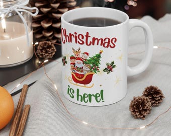 Taza navideña con trineo de Papá Noel, taza de chocolate caliente para las fiestas, taza de café festiva de invierno, taza de cerámica de 325 ml (11 oz) o 445 ml (15 oz) para regalo, Papá Noel