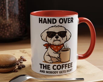 Taza de café con diseño de perro con gafas de sol y acento de café / Cita divertida sobre mascotas, 325 ml y 433 ml