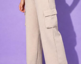 High Waist Cream Cotton Blend Cargo Pants | Baggy Wide Leg Trousers