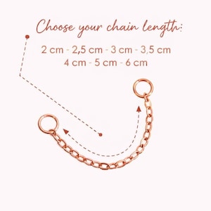 Könnte beinhalten: Roségoldene Kette mit zwei kreisförmigen Verschlüssen, verbunden durch eine filigrane Kette. Das Bild enthält den Text "Choose your chain length:" mit Längenoptionen von 2 cm bis 6 cm.