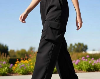 High Waist Black Cotton Blend Cargo Pants | Baggy Wide Leg Trousers
