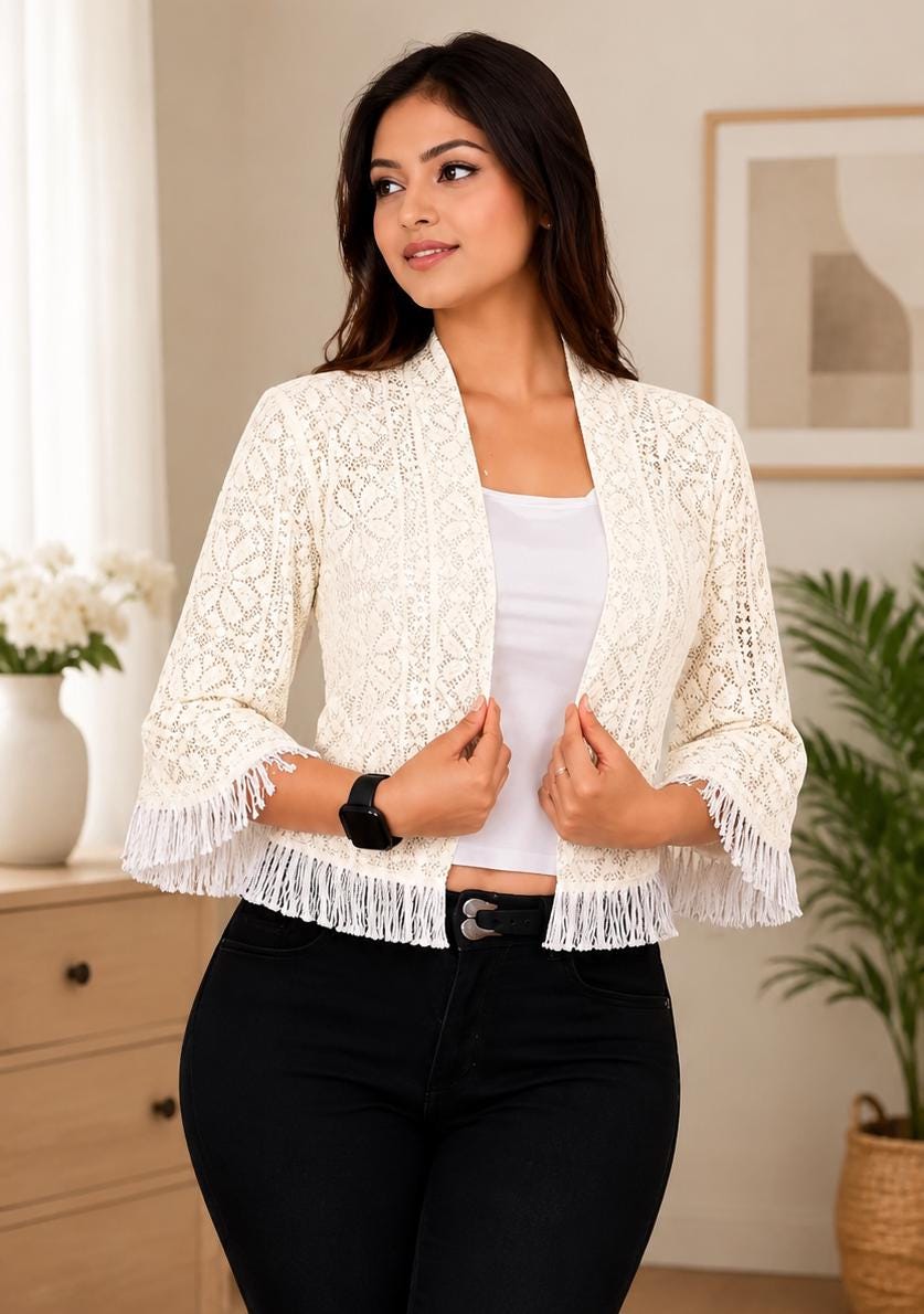 NoorElara Women's Cream Lace Crop Cover Up Boho Open Front Shrug with Tassel Hem Stylish Party Layer