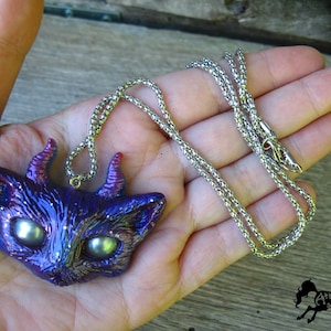 Witchy Cat Necklace, 24 Inch Silver-Colored Chain, 2 Inch Wide Pendant, Horned Cats Goddess, Wisdom, Blue Alt Jewelry, Whimsigoth Accessory
