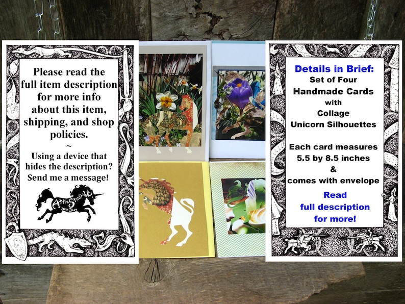 Birthday Art 4 Unicorn Greeting Cards Collage Unicorns Artwork on Notecards Stationery Fantasy Horse Notecard 5.5 by 8.5 Inch Card Set