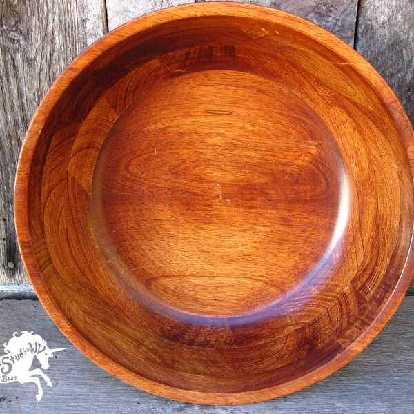 Vintage Segmented Wood Bowl, 11.75 Inches Wide. 3.5 Inch Tall Wooden Salad Bowl Mid Century Dish, Apothecary Home Decor, Rustic Cottage Chic