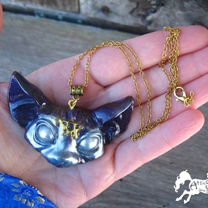 SPHYNX CAT Statement Necklace, 20 Inch Goldtone Chain, 2.5 Inch Wide Pendant, Bat, Hairless Cats, Sphinx, Purple Goth Whimsigoth Jewelry