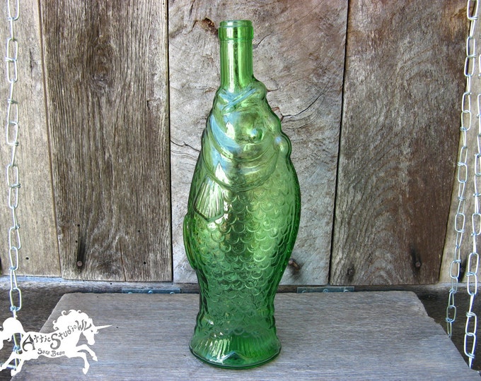 Green Glass Fish Bottle 13 Inches Tall Nautical Home Decor Etsy
