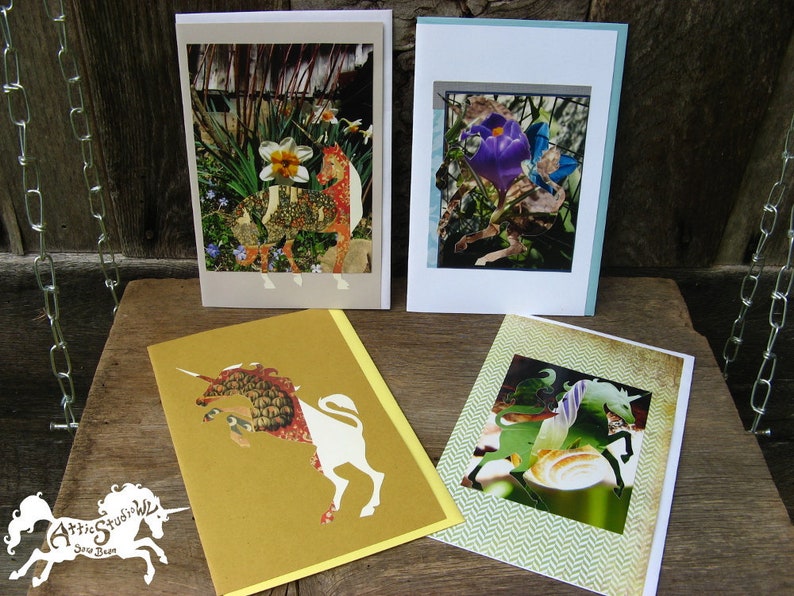 Birthday Art 4 Unicorn Greeting Cards Collage Unicorns Artwork on Notecards Stationery Fantasy Horse Notecard 5.5 by 8.5 Inch Card Set