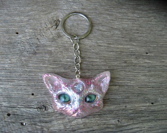 Jewel Cat Keychain, 3.75 Inch Long Key Chain with Resin Cast Cat Head with Gem in Forehead, Keyring Key Ring, Kawaii Pastel Goth Accessory