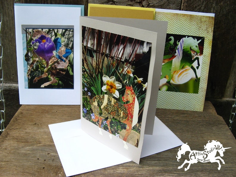 Birthday Art 4 Unicorn Greeting Cards Collage Unicorns Artwork on Notecards Stationery Fantasy Horse Notecard 5.5 by 8.5 Inch Card Set
