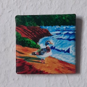 Mini-afbeelding, eend bij de zee, gemengde techniek op canvas, landschap, mini-muurdecoratie, poppenhuiskunst, mini-afbeeldingen, op MDF-plaat