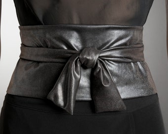 Cinturón negro ancho brillante delgado, cinturón de tela, partido de arco suave estilo corsé vegano formal crueldad libre de cuero metálico libre look belt 2 colores