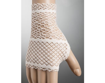 Short Lace Fingerless GLOVES, Wedding Lace gloves in Ivory/Champagne Elastic Stretchy Modern Mesh Gloves with warm undertone