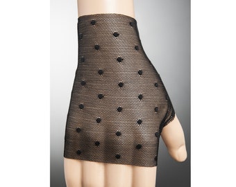 Par de guantes negros sin dedos de encaje, Guantes negros sexy moderno Polka Dot tela guantes cortos elástico Glamour Chic