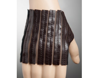 Faux Leather Short Chocolate Gloves,Fingerless Elastic Glove,Steampunk gloves women,Vegan Gloves,Mesh Fingerless Glove Dark Brown Stripes