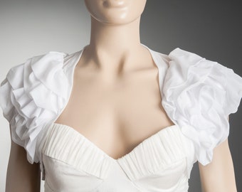 Ruffle blanco novia bolero con mangas cortas, semi transparente blanco Bolero bridal encogimiento de hombros, alas modernas únicas diseñador Bolero Tulle chaqueta