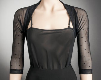 Black BOLERO with Hearts 3/4 Sleeves, Elastic Lace Bolero Formal Party Sexy Shrug Little Dots Stretchy Soft Bolero Sheer