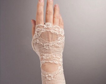 Guantes de encaje beige sin dedos, guantes de boda de encaje, guantes de encaje desnudo, guantes de encaje beige, guantes largos de encaje