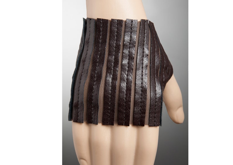 Faux Leather Short Chocolate Gloves,Fingerless Elastic Glove,Steampunk gloves women,Vegan Gloves,Mesh Fingerless Glove Dark Brown Stripes image 1