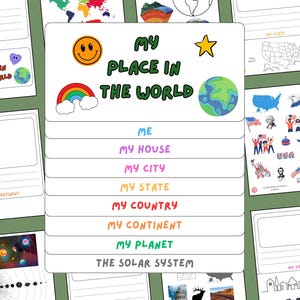 Puede incluir: Un conjunto de tarjetas educativas con el título "Mi lugar en el mundo". Las tarjetas presentan ilustraciones coloridas de una carita sonriente, un arcoíris, una estrella y un globo. Los temas incluyen "Yo", "Mi casa", "Mi ciudad", etc.