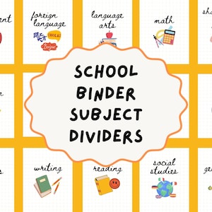 Könnte beinhalten: Ein Raster aus Schulordner-Registerblättern mit gelben Rändern und weißem Hintergrund. Der zentrale Text lautet SCHOOL BINDER SUBJECT DIVIDERS. Symbole stellen Fächer wie Regierung, Fremdsprachen, Sprachkunst, Mathe, Poesie, Religion, Musik, Einheitsstudien, Schreiben, Lesen, Sozialkunde und Geografie dar.
