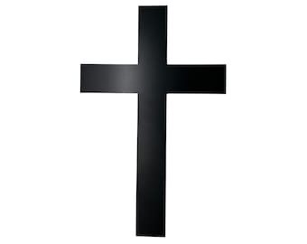 May include: A solid black cross with a smooth, matte finish. The object features a vertical bar intersected by a shorter horizontal bar, forming a simple, clean, and symmetrical shape with straight edges and sharp, defined corners.