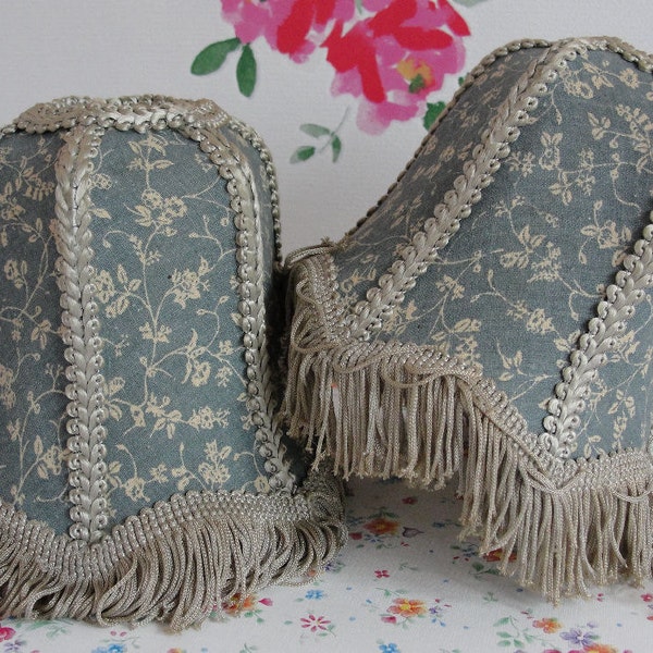 Lamp Shades in Grey Blue with Flowers - Shabby Chic - Clip On - Set of 2 - Original European Vintage