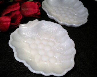 Pair of Vintage Milk Glass Grape Plates/Snack Trays/Dishes/Spoon Rests