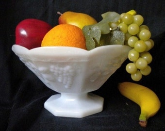 Vintage Milk Glass Bowl Fruit Serving Bowl Centerpiece Anchor Hocking Grape Motif