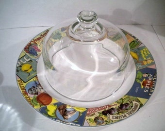 Vintage Vintage Labels Plate with Glass Dome Cloche Cheese Server/Keeper Oneida Sakura Dinner Plate