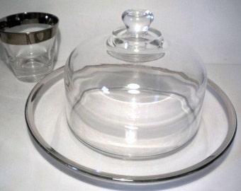 Vintage Silvered Rimmed Plate With Glass Dome Midcentury Modern Mad Men Cheese Server Keeper