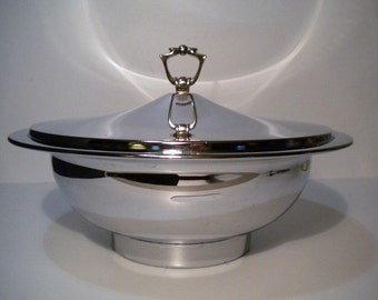 Vintage Mid Century Stainless Lidded Serving Bowl with Brass Handle