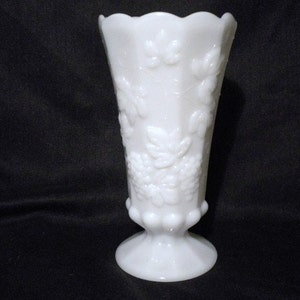 Large Scalloped Milk Glass Vase Grape Motif image 1