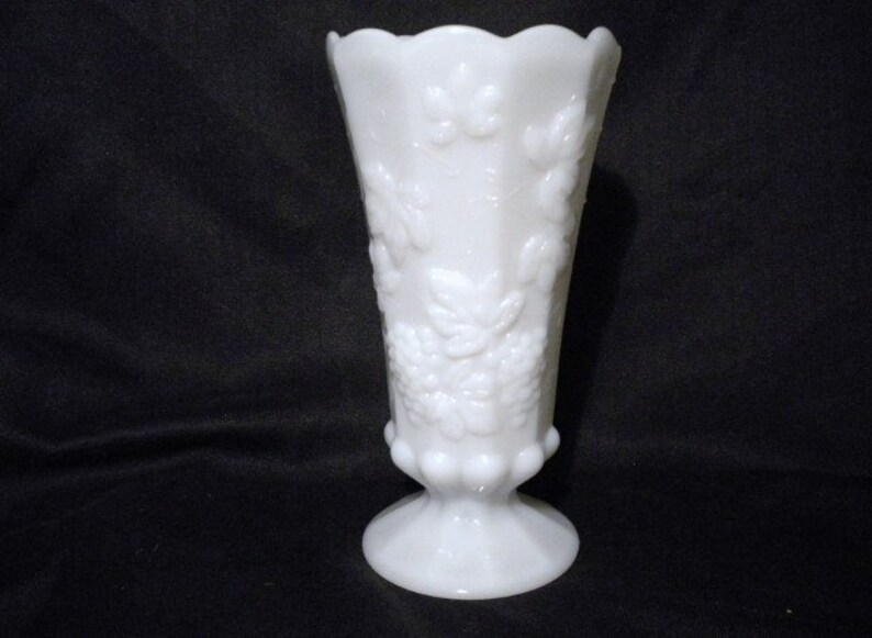 Large Scalloped Milk Glass Vase Grape Motif image 1