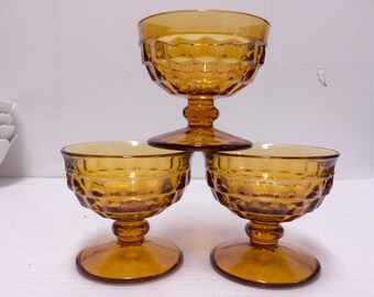 Vintage Set of 3 Colony Glass Whitehall Cube Amber Custard Bowls Footed Bowls 6 Ounce Indiana Glass
